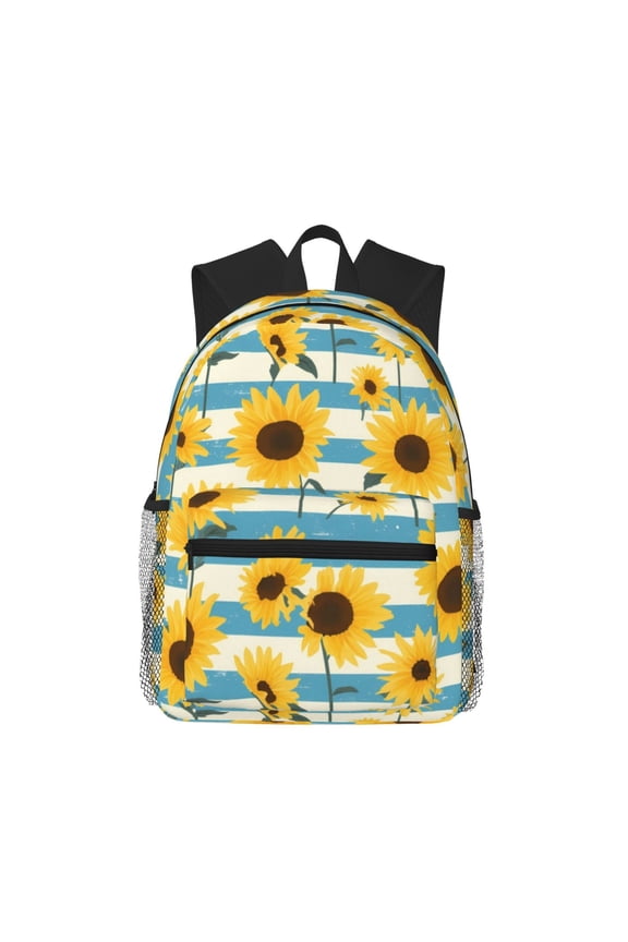 White Blue Striped Sunflower Print School Backpack,Casual Lightweight Travel Rucksack Daypack,Backpacks for College High