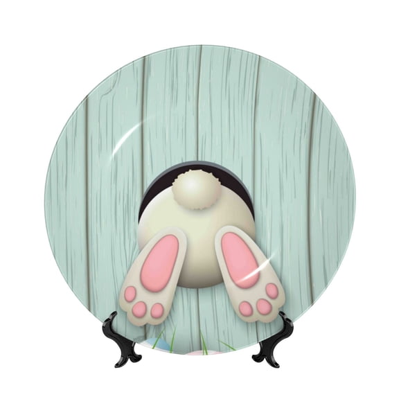 Honeii White Bunny Bottom And Easter Eggs Print Elegant Bone China Decorative Plate, Porcelain Plate,Art Crafts,Ceramic Ornaments for Home Office Wall Decor-10in