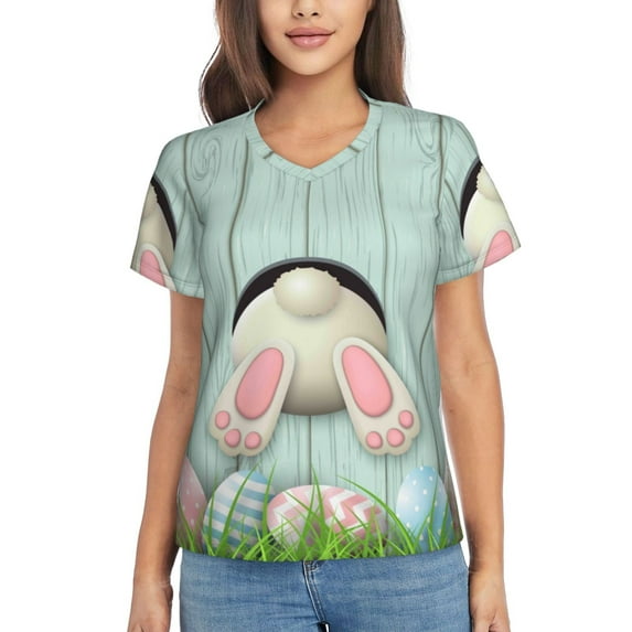 Honeii White Bunny Bottom And Easter Eggs Print Women's Classic V-Neck T-Shirt,Womens Fashion Tops,Stylish Everyday Top for Women, Casual Summer Spring Outfits Clothes-3X-Large