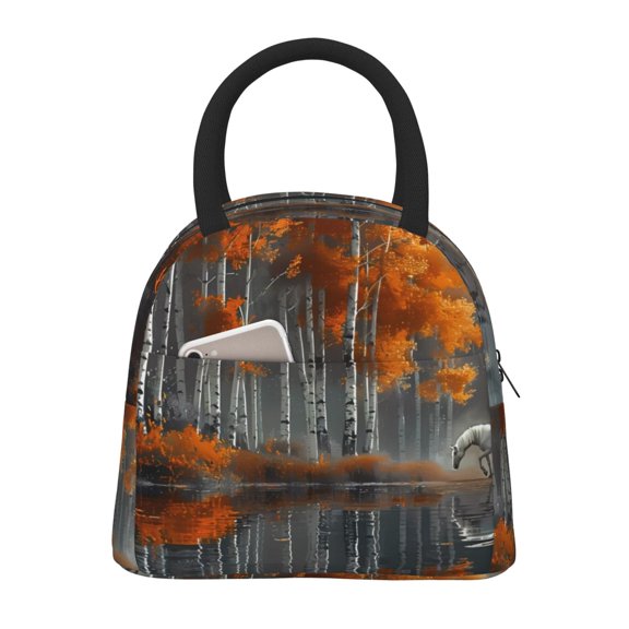 Honeii White Horse Autumn Birch Print Insulated Lunch Bag Women Reusable Lunch Box with Pocket for Work Picnic Travel -One Size