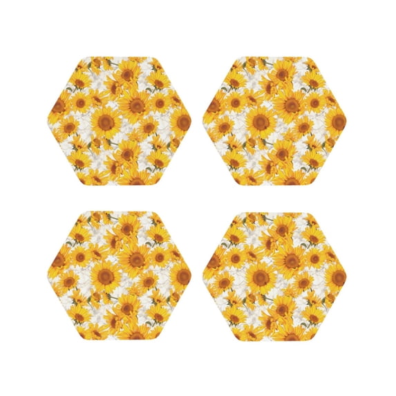 Honeii White Marble Pattern Sunflower print Leather Coaster Set of 4, ideal for safeguarding your furniture from drinks spills and effortless cleanup-Hexagon