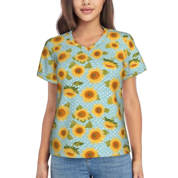Honeii White Polka Dot Sunflower A Print Women's Classic V-Neck T-Shirt,Womens Fashion Tops,Stylish Everyday Top for Women, Casual Summer Spring Outfits Clothes-X-Large