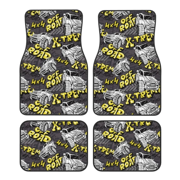 Honeii White Retro Off-Road Vehicle Print Car Foot Mat Four-Piece Set - Front & Rear Universal Car Floor Mats for SUVs, Trucks, Sedans