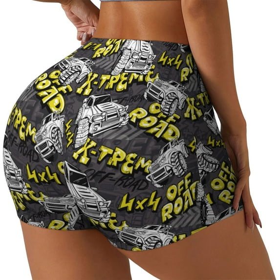 Honeii White Retro Off-Road Vehicle Print Women's Workout Shorts, Gym Shorts for Active Wear, Sports Shorts,Women's Running Shorts,Quick Dry Athletic Shorts-Small