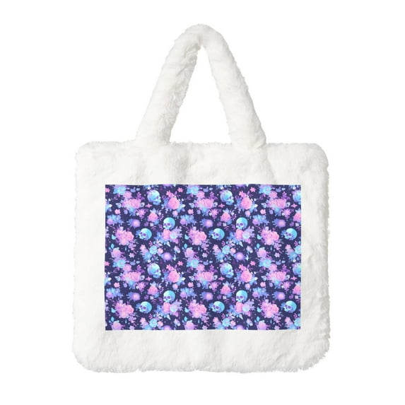 Honeii White Skull Flower Print Fluffy Shoulder Bag Plush Bags Women Ladies Tote Bag Fluffy Furry Purse Handbag for Autumn and Winter