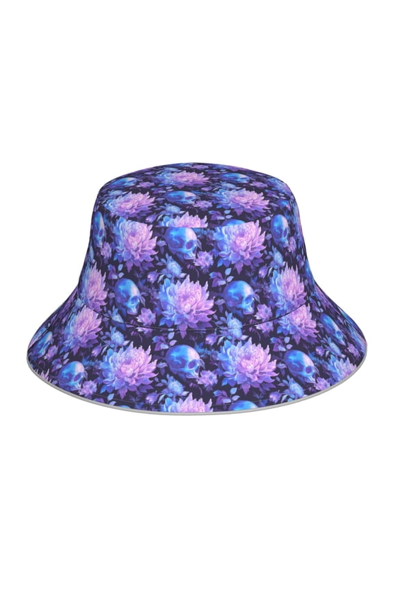 White Skull Flower for Unisex Bucket Hat Waterproof Rain Hat Reversible Shiny Rave Bucket Hat for Concert Festival Boonie Cap