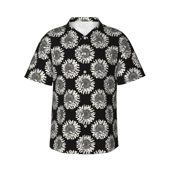 Honeii White Sunflowers Print Men’s Hawaiian Shirt,Classic Button-Down Short Sleeve Shirt, for Beach, Vacation, and Outdoor Activities,3X-Large