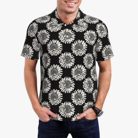 Honeii White Sunflowers print Polo Shirt, a classic short-sleeved, button-down golf shirt designed for men4X-Large