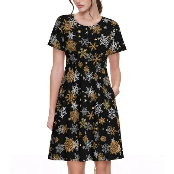 Honeii White And Yellow Snowflakes Print Women’s Short Sleeve Dress, Comfortable Casual Dress, Soft Polyester Spandex Blend, Stylish Everyday Wear for Summer, Perfect for Travel and Vacation