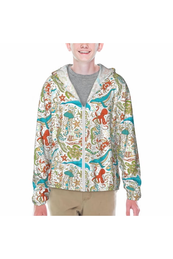 Wild Sea Life Print Sun Protection Jacket Hooded Cooling Shirt with Pockets Hiking Outdoor Performance-Large