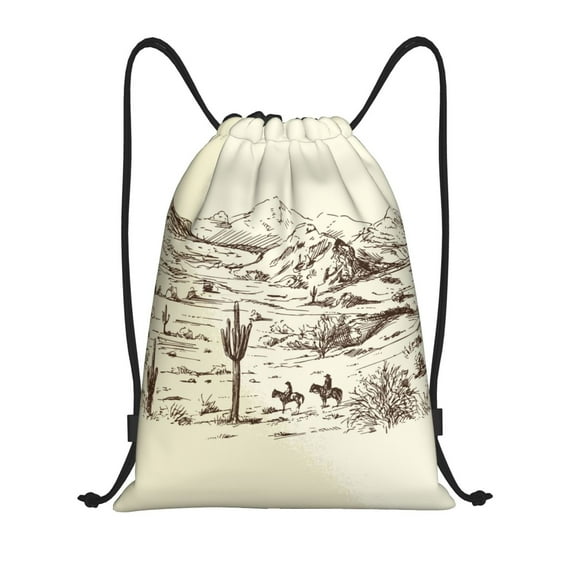 Honeii Wild West Desert With Cowboys Print Drawstring Backpack,Drawstring Bags String Backpack Gym Cinch Sack Backpack Sport Bag Draw-Small