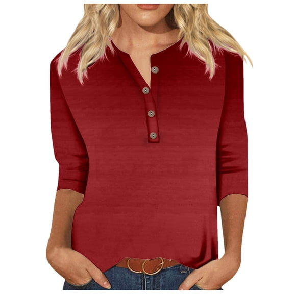 Women's Casual V Neck Geometric Print Shiny T-Shirt Colorful Button Detail Three Quarter Sleeve Comfortable Stylish Top