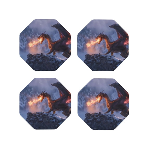 Honeii Winter Fire Dragon Print Leather Coaster Set of 4, Ideal for Safeguarding Your Furniture from Drinks Spills and Effortless Cleanup-Octagon