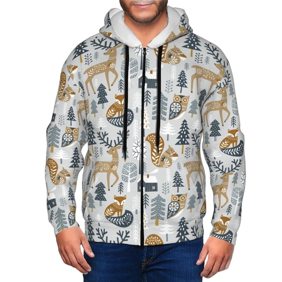Honeii Winter Forest Animals Print Hoodies for Men, Pullover & Full Zip, Breathable Zip up Hoodie, Sweatshirt-3X-Large