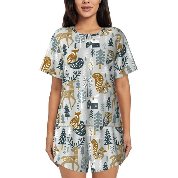 Honeii Winter Forest Animals for Women's Summer Pajama Set ,Soft Short Sleeve Shirt & Matching Bottoms,Loungewear,2PCS Sleepwear Relaxed Home Wear-Medium