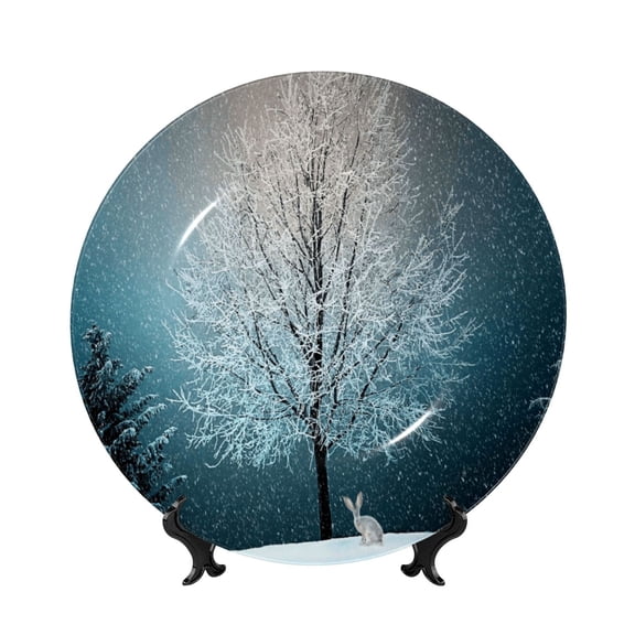 Honeii Winter Rabbit Print Elegant Bone China Decorative Plate, Porcelain Plate,Art Crafts,Ceramic Ornaments for Home Office Wall Decor-6in