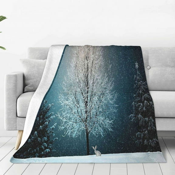 Honeii Winter Rabbit Print Fleece Blanket - Throw Blanket for Bed, Sofa, Couch, Camping, and Travel , Microplush Ultra Soft Warm Blanket-60"x50"