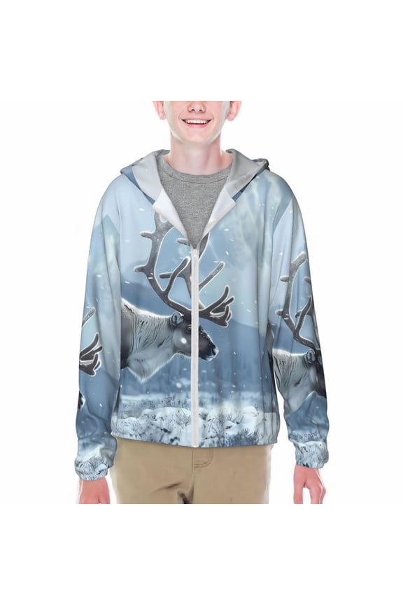 Winter Reindeer In Snowy Mountains Print Sun Protection Jacket Hooded Cooling Shirt with Pockets Hiking Outdoor Performance-XX-Large