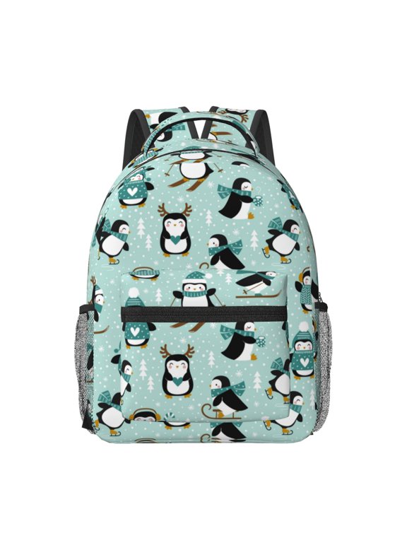 Winter Skiing Penguin Print Backpack for School,15.6 inch Laptop Back Pack for High School and College Students, Waterproof Computer Bookbag-One Size