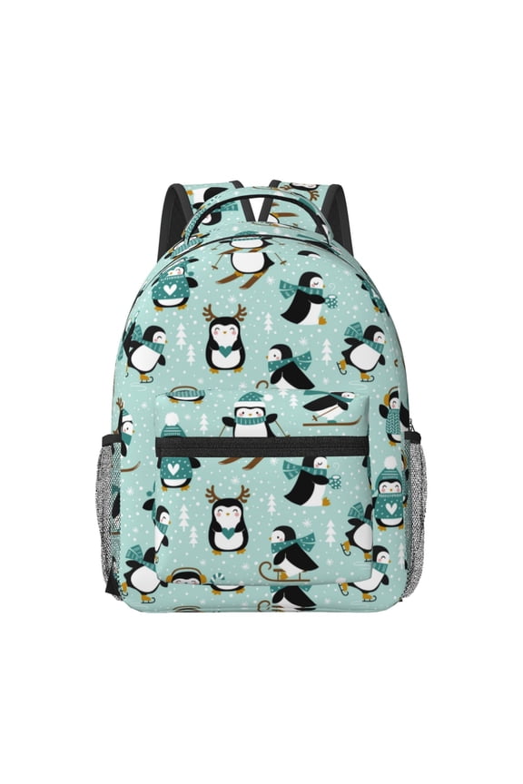 Winter Skiing Penguin Print Backpack for School,15.6 inch Laptop Back Pack for High School and College Students, Waterproof Computer Bookbag-One Size