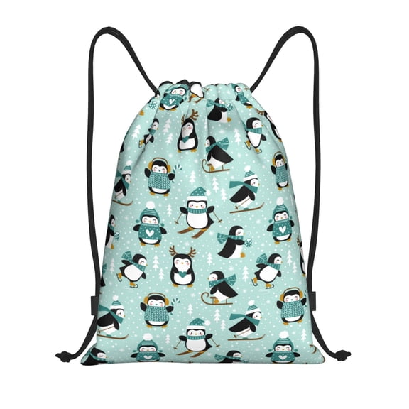Honeii Winter Skiing Penguin Print Drawstring Backpack,Drawstring Bags String Backpack Gym Cinch Sack Backpack Sport Bag Draw-Small