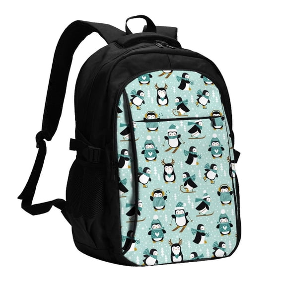 Honeii Winter Skiing Penguin for Travel Laptop Backpack, Business Laptops Backpack with USB Charging Port, College High School Computer Bag for Men Women