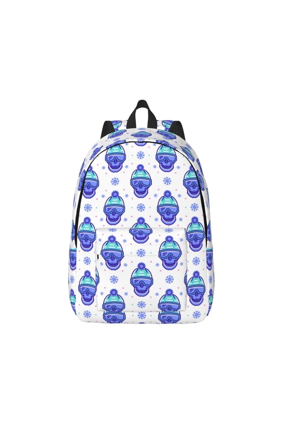 Winter Snowflake Skiing Skull Print Canvas College Laptop Backpack, Durable Rucksack Travel Notebook Bag School Backpack Book Bag for Men Women-Small