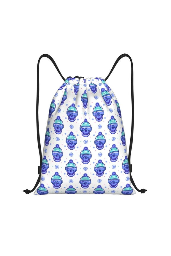 Winter Snowflake Skiing Skull Print Drawstring Backpack,Drawstring Bags String Backpack Gym Cinch Sack Backpack Sport Bag Draw-Small