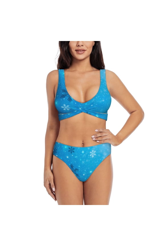 Winter With Snowflakes Print Women’s Bikini Set,Two Piece Swimsuit Bathing Suits,Stylish High Elasticity Swimwear for Beach and Pool