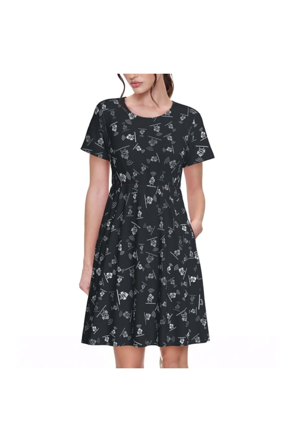 Wireless Antenna Icon Print Women’s Short Sleeve Dress, Comfortable Casual Dress, Soft Polyester Spandex Blend, Stylish Everyday Wear for Summer, Perfect for Travel and Vacation