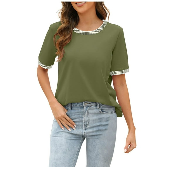 Womens T-Shirts Summer Casual Crewneck Short Sleeve Striped Color Block Loose Tee Tops for Women