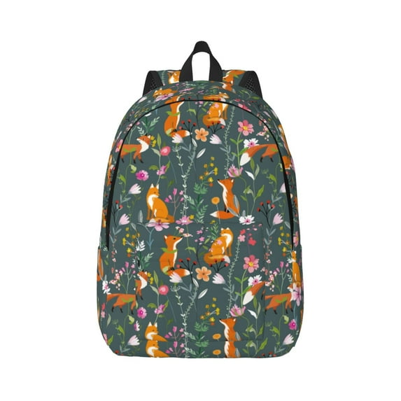 Honeii Wolf Fox In Flower Forest Print Canvas College Laptop Backpack, Durable Rucksack Travel Notebook Bag School Backpack Book Bag for Men Women-Small