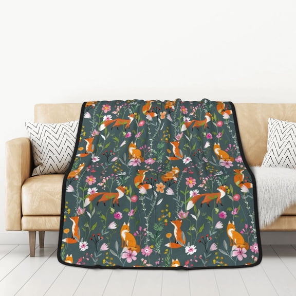 Honeii Wolf Fox In Flower Forest for Throw Blanket for Couch - Thick Blanket, Soft Fuzzy Plush Throw Blanket for All Seasons, Double Sided Blanket,50x60 In