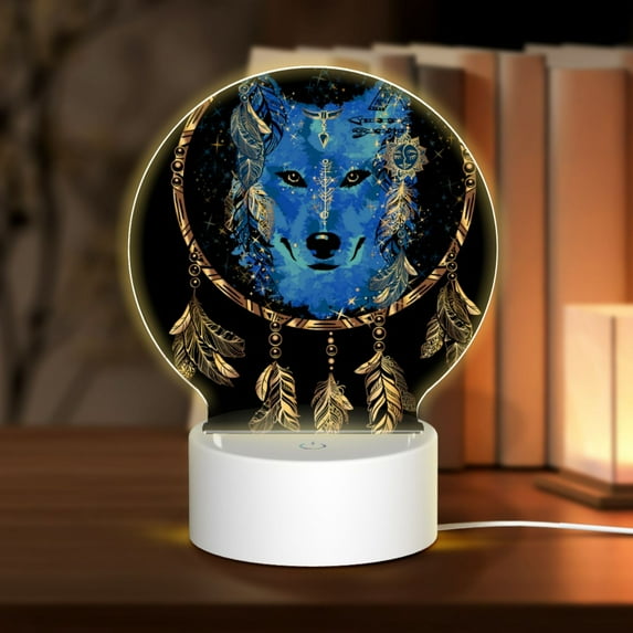 Honeii Wolf Head And Dreamcatcher Print Acrylic LED Night Lamp,Round Touch-Control Night Light with 3 Lighting Modes,for Bedrooms, Living Rooms, and Gifting
