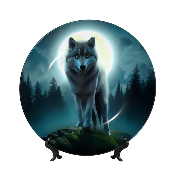 Honeii Wolf Print Elegant Bone China Decorative Plate, Porcelain Plate,Art Crafts,Ceramic Ornaments for Home Office Wall Decor-6in