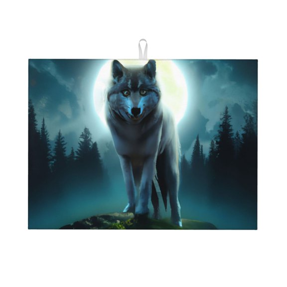 Honeii Wolf Print Kitchen Drying Mat Coffee Bar Mat Hide Stain Coffee Maker Mat for Countertops Coffee Pot Dish Drying Mat