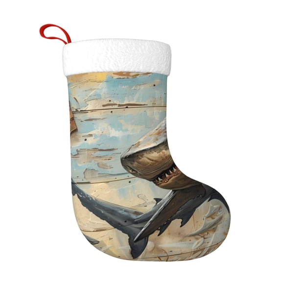Honeii Wood Grain Shark for Christmas Stocking,Large Xmas Stocking,Holiday and Family Stocking for Fireplace Christmas Holiday Party Decoration