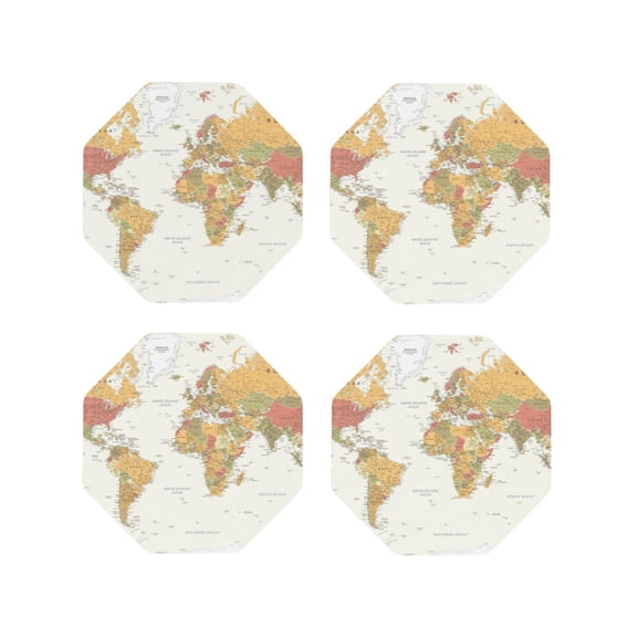 Honeii World Map 1 Print Leather Coaster Set of 4, Ideal for Safeguarding Your Furniture from Drinks Spills and Effortless Cleanup-Octagon