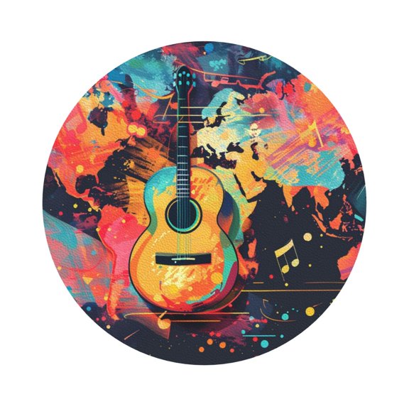 Honeii World Map Guitar Illustration Print Leather Coaster Set of 6, Ideal for Safeguarding Your Furniture from Drinks Spills and Effortless Cleanup,Round Shape