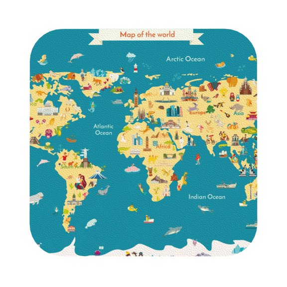 Honeii World Map With Landmarks Print Leather Coaster Set of 6, Ideal for Safeguarding Your Furniture from Drinks Spills and Effortless Cleanup,Square