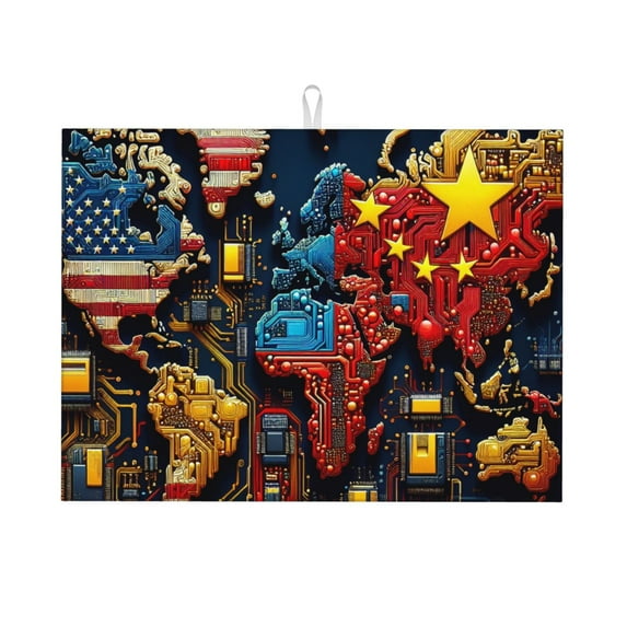 Honeii World Map Of Digital Circuits Print Kitchen Drying Mat Coffee Bar Mat Hide Stain Coffee Maker Mat for Countertops Coffee Pot Dish Drying Mat