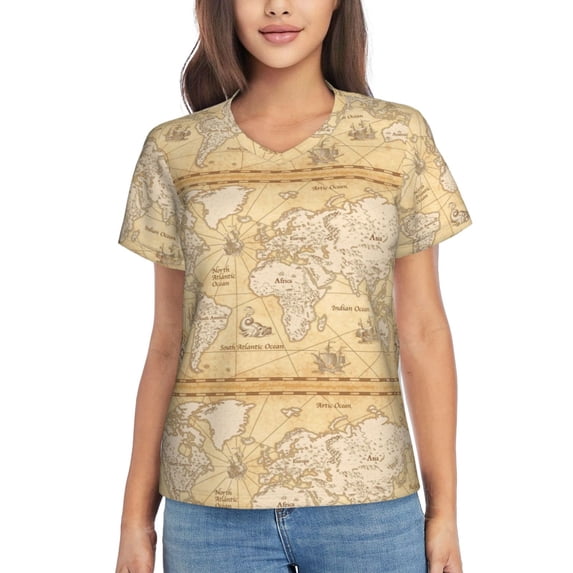 Honeii World Map Print Women's Classic V-Neck T-Shirt,Womens Fashion Tops,Stylish Everyday Top for Women, Casual Summer Spring Outfits Clothes-Large