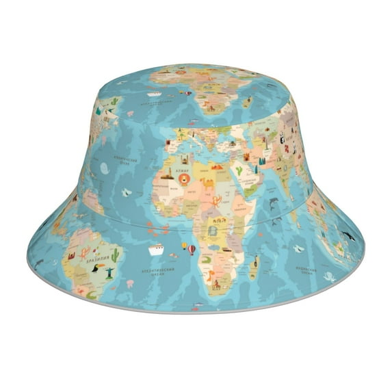 Honeii World Map With Animals 1 for Unisex Bucket Hat Waterproof Rain Hat Reversible Shiny Rave Bucket Hat for Concert Festival Boonie Cap