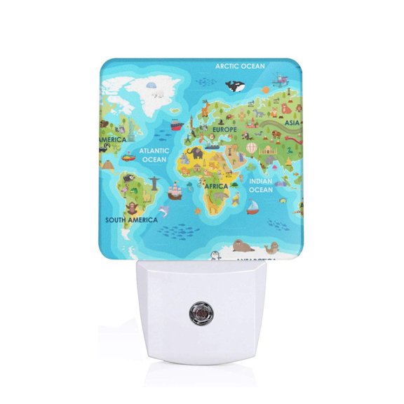 Honeii World Map With Animals Landmarks Print LED Night Light with Light Sensor, Night Lights Plug Into Wall,Ideal for Bedrooms and Hallways-US