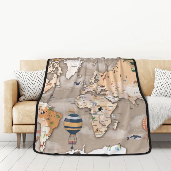 Honeii World Map With Animals for Throw Blanket for Couch - Thick Blanket, Soft Fuzzy Plush Throw Blanket for All Seasons, Double Sided Blanket,50x60 In