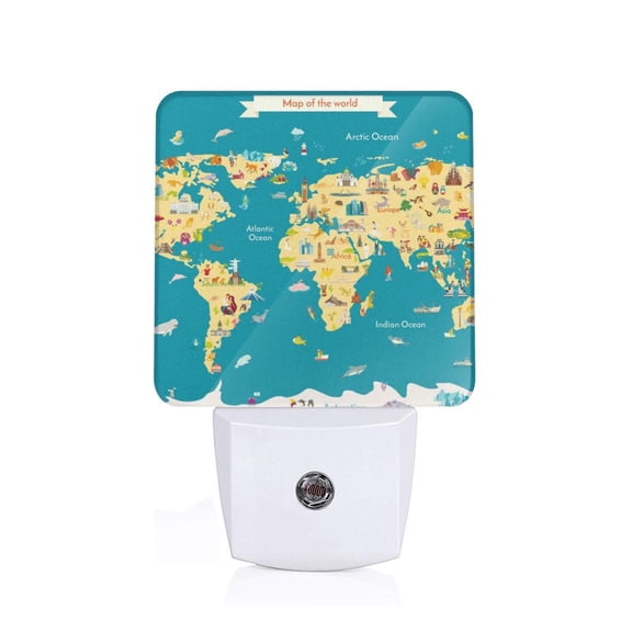 Honeii World Map With Landmarks Print LED Night Light with Light Sensor, Night Lights Plug Into Wall,Ideal for Bedrooms and Hallways-US