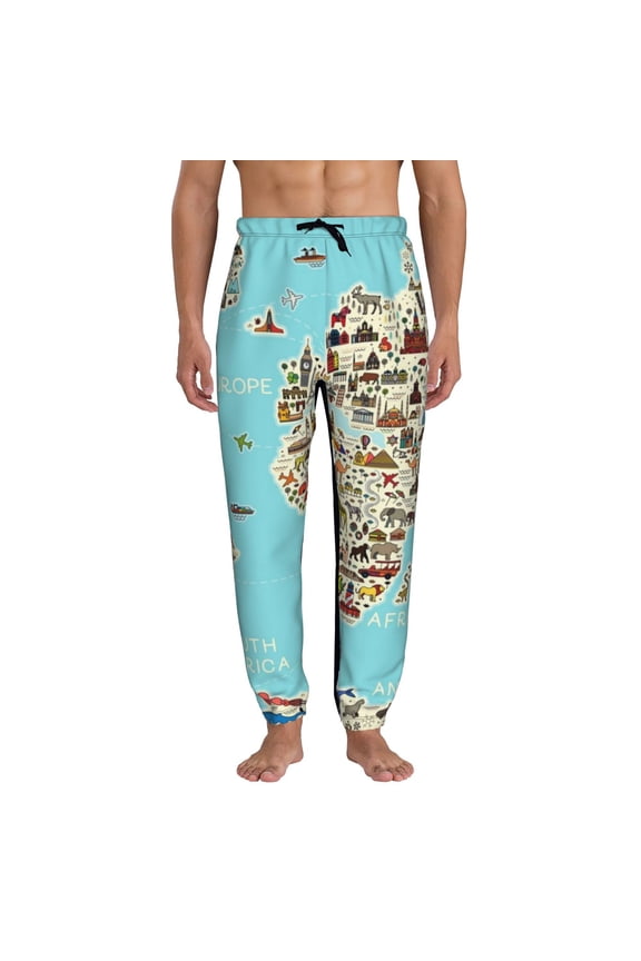 World Travel Line Icons Map Print Mens Jogger Sweatpants, Men's Lounge Pants with Pockets-Small