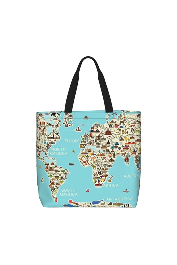 World Travel Line Icons Map Print Tote Bag, Reusable Grocery Shopping Bag,Shoulder Bag with Inner Pocket