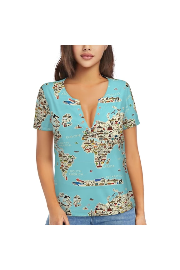 World Travel Line Icons Map Print Women's V-Neck T-Shirt,Short Sleeve V Neck Tees Tops for Women , Perfect for Work, Travel, and Everyday Wear