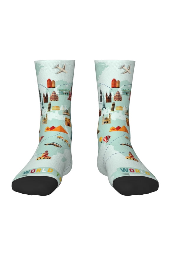 World Travel Map Print Children's Colorful Socks,Unisex Kids and Toddlers' Cushioned Sock,Kids Athletic Crew Socks,for Everyday Wear and Sports
